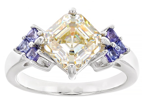 3.30ct Square Asscher Cut Strontium Titanite With .28ctw Tanzanite Rhodium Over Silver Ring - Size 6