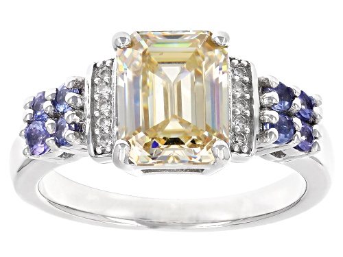 3.32ct Emerald Cut Strontium Titanite, .23ctw Tanzanite With 0.06ctw Zircon Rhodium Over Silver Ring - Size 9
