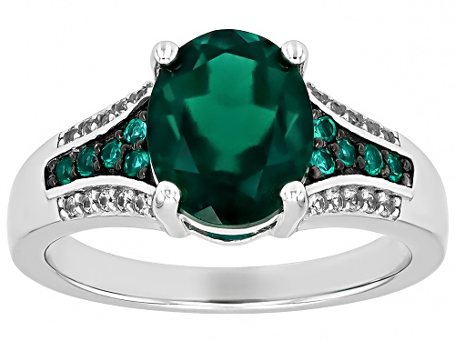 2.21ctw Lab Created Emerald With 0.15ctw Lab Created White Sapphire Rhodium Over Silver Ring - Size 7