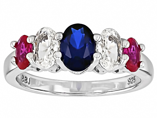 1.69ctw Lab White and Lab Blue Sapphire with 0.46ctw Lab Ruby Rhodium Over Silver Ring - Size 9