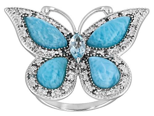 .38ct Marquise Glacier Topaz™ with Larimar & .32ctw Zircon Rhodium Over Silver Butterfly Ring - Size 6