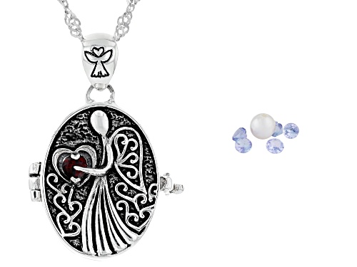 .36ctw Tanzanite, Garnet & Cultured Freshwater Pearl Rhodium Over Silver Prayer Box Pendant/Chain