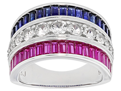 1.18ctw Lab Blue & Lab White Sapphire with 1.05ctw Lab Ruby Rhodium Over Silver Band Ring - Size 9