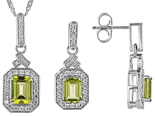 2.64ctw Manchurian Peridot™ With 0.44ctw White Zircon Rhodium Over Silver Pendant & Earrings Set