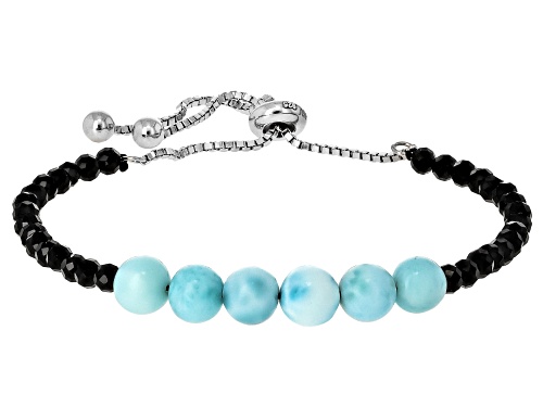 6mm Round Larimar With Round Black Spinel Rhodium Over Sterling Silver Bolo Bracelet
