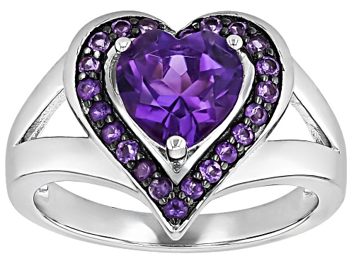 1.39ct Heart Shape And 0.17ctw Round Amethyst Rhodium Over Sterling Silver Ring - Size 6