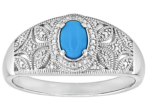 6x4mm Oval Sleeping Beauty Turquoise With .03ctw White Diamond Accent Rhodium Over Silver Ring - Size 9