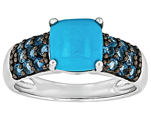8mm Cushion Sleeping Beauty Turquoise With .60ctw London Blue Topaz Rhodium Over Silver Ring - Size 7