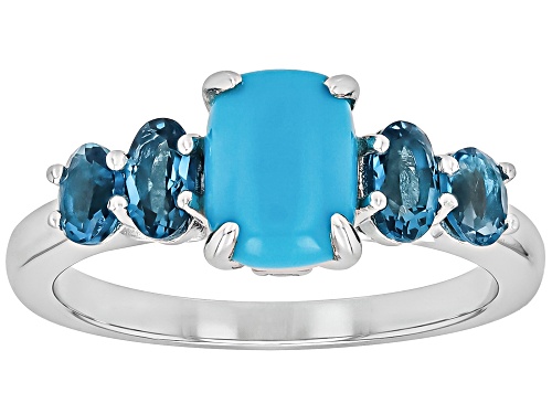 Sleeping Beauty Turquois with 0.80ctw London Blue Topaz and White Zircon Rhodium Over Silver Ring - Size 9
