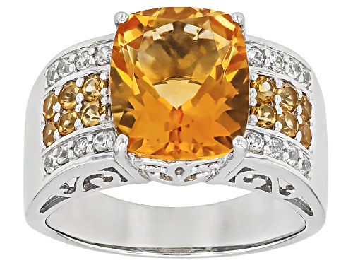 5.50ct Cushion And 0.51ctw Round Citrine With .27ctw White Zircon Rhodium Over Silver Ring - Size 9