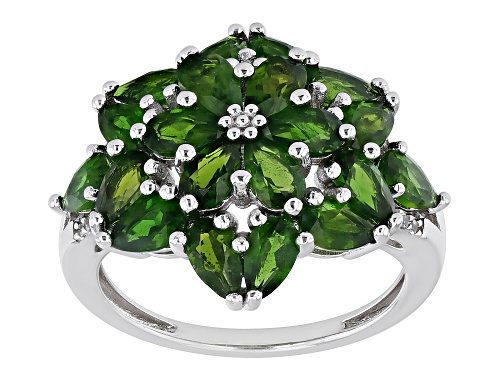 3.78ctw Pear shapes Chrome Diopside With 0.05ctw Round White Zircon Rhodium Over Silver Ring - Size 8