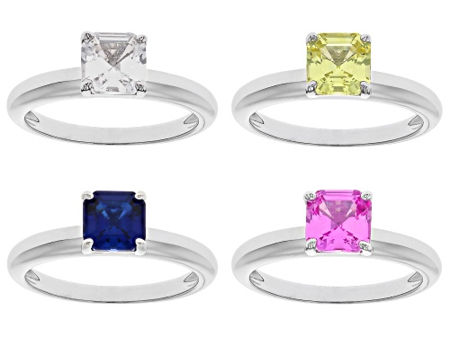 5.60ctw Square Octagonal Asscher Cut Lab Multi Color Sapphire Rhodium Over Silver Set of 4 Rings - Size 10
