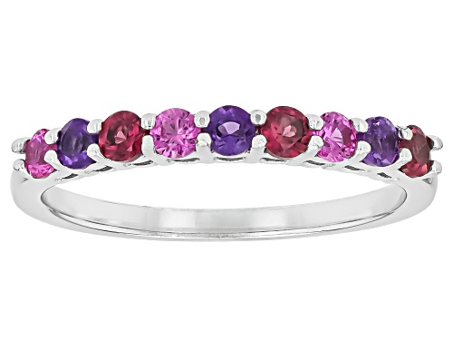 .23ct Lab Pink Sapphire with 0.32ctw Raspberry Rhodolite & Amethyst Rhodium Over Silver Band Ring - Size 9