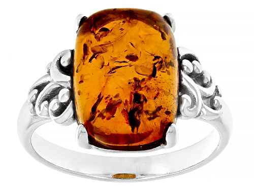 14x10mm Cushion Cabochon Amber Rhodium Over Sterling Silver Solitaire Ring - Size 6