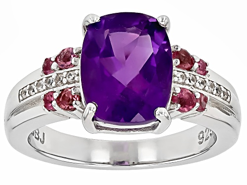 2.47ct Cushion African Amethyst with .29ctw Pink Tourmaline & .07ctw Zircon Rhodium Over Silver Ring - Size 6