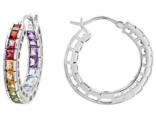 5.00ctw Round Multi-Gem Square Rhodium Over Sterling Silver Hoop Earrings
