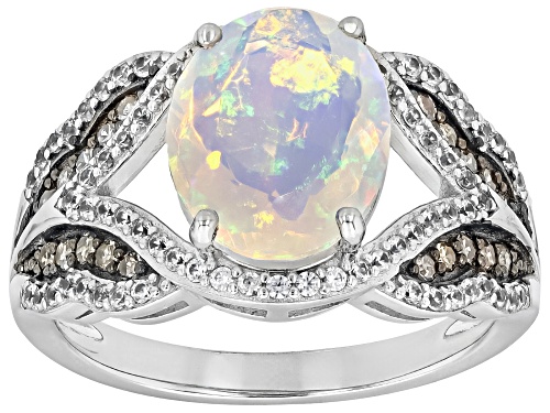 2.27ct Ethiopian Opal with .22ctw Champagne Diamond & .43ctw White Zircon Rhodium Over Silver Ring - Size 6