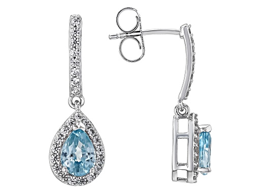 1.84ctw Pear Shape Blue Zircon With 0.58ctw Round White Zircon Rhodium Over Sterling Silver Earrings