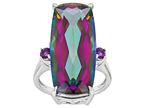 16.65ct Cushion Multi-Color Quartz With .20ctw African Amethyst Rhodium Over Silver Ring - Size 6