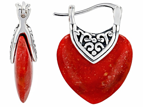 16x15mm Free-form Cabochon Red Coral Sterling Silver Heart Earrings