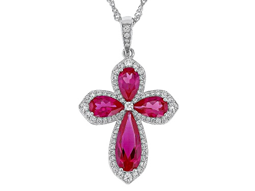 5.63ctw Pear Shape Lab Created Ruby With .75ctw Lab Sapphire Rhodium Over Silver Pendant Chain