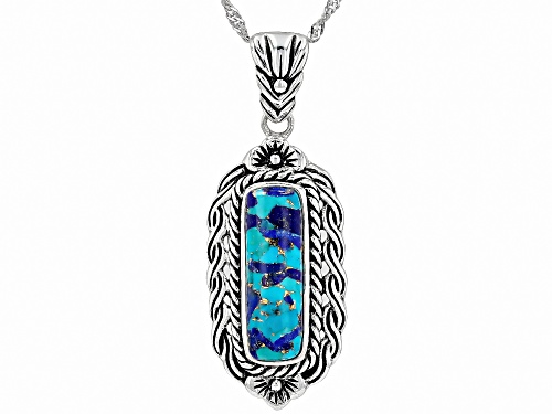 20x6mm Rectangular Cabochon Turquoise And Lapis Lazuli Sterling Silver Pendant With Chain
