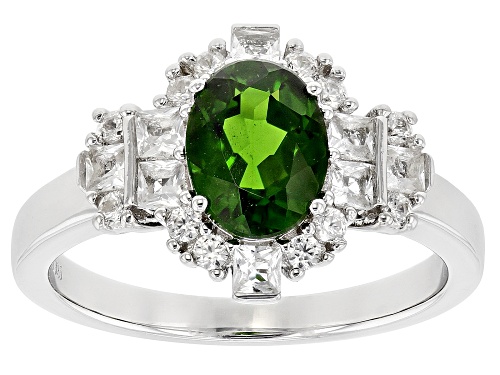 1.10ct Oval Chrome Diopside, 0.37ctw White Topaz With 0.25ctw White Zircon Rhodium Over Silver Ring - Size 9