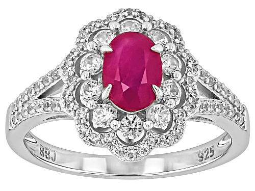 0.92ct Oval John Saul Ruby With 0.80ctw Round White Zircon Rhodium Over Sterling Silver Ring - Size 9