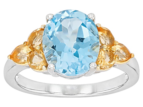 4.08ct Oval Glacier Topaz™ With .70ctw Pear Shape Citrine Rhodium Over Sterling Silver Ring - Size 10