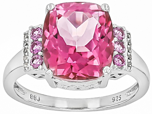 6.47ct Cushion Pink Topaz with .37ctw Lab Pink Sapphire and White Zircon Rhodium Over Silver Ring - Size 9