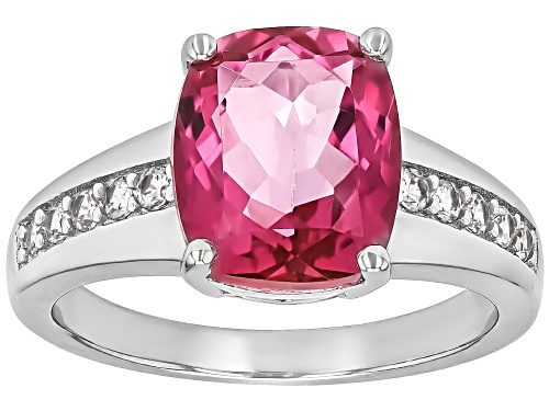 4.24ct Cushion Pink Topaz With .27ctw White Zircon Rhodium Over Sterling Silver Ring - Size 10