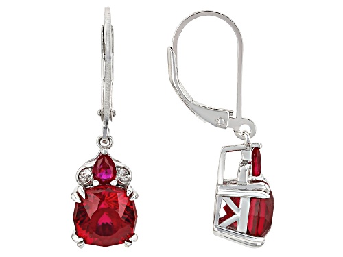 6.12ct Cushion Glitter Mine Cut & .27ctw Lab Ruby With .03ctw Zircon Rhodium Over Silver Earrings