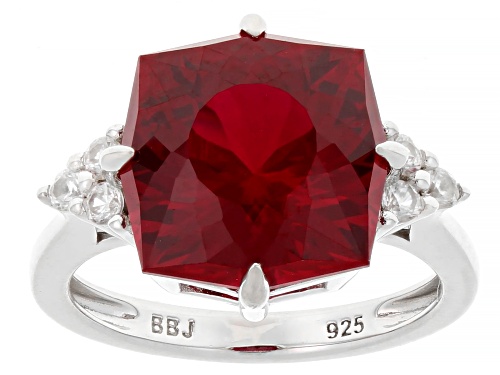 6.63ct Cushion Glitter Mine Cut Lab Created Ruby With .26ctw White Zircon Rhodium Over Silver Ring - Size 8