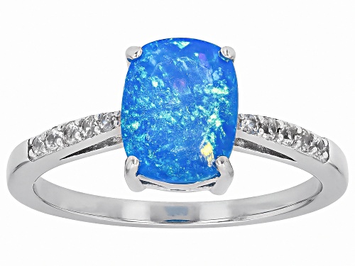 1.00ct Cushion Paraiba Blue Opal With 0.13ctw Round White Zircon Rhodium Over Silver Ring - Size 9
