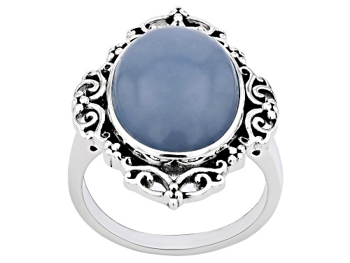 16x12mm Oval Cabochon Blue Angelite Sterling Silver Solitaire Ring - Size 8