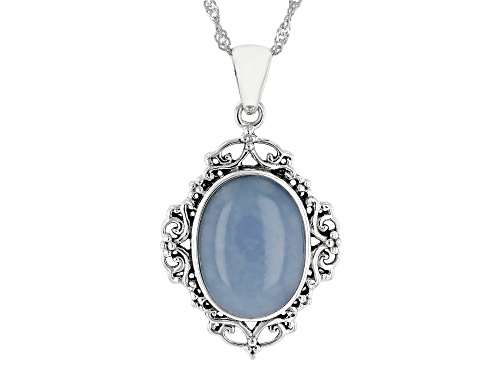 16x12mm Oval Cabochon Blue Angelite Sterling Silver Solitaire Pendant With Chain