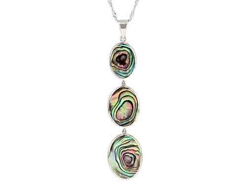 Oval Abalone Shell Rhodium Over Sterling Silver 3-Stone Pendant With Chain