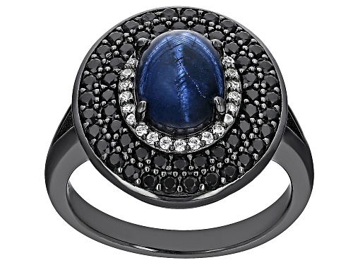 2.65ct Star Sapphire With 1.07ctw White Zircon & Black Spinel, Black Rhodium Over Silver Ring - Size 8
