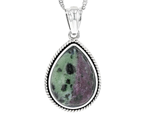 20x15mm Pear Shape Cabochon Ruby-in-Zoisite Sterling Silver Solitaire Pendant with Chain