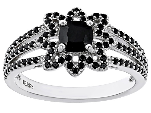 0.35ct Square Cushion And 0.56ctw Round Black Spinel Rhodium Over Sterling Silver Ring - Size 7