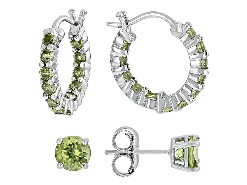 Photo of 2.24ctw Round Manchurian Peridot™ Rhodium Over  Silver Studs And Hoop Earrings Set