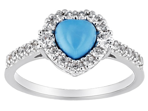 Photo of 6mm Heart Cabochon Sleeping Beauty Turquoise With .55ctw White Zircon Rhodium Over Silver Ring - Size 8