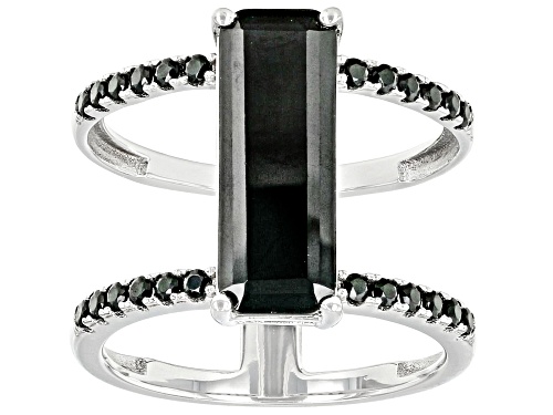 3.30ct Rectangular Octagonal And 0.34ctw Round Black Spinel Rhodium Over Silver Elongated Ring - Size 6