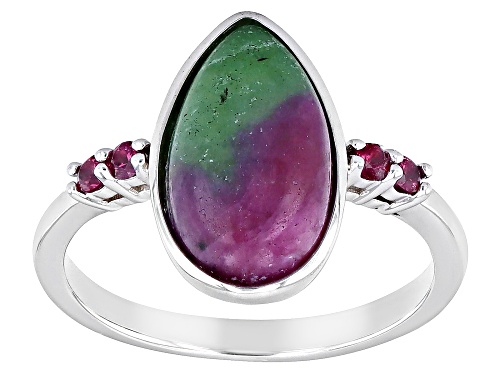 14x8mm Pear Shape Ruby-In-Zoisite With 0.12ctw Round Rhodolite Rhodium Over Sterling Silver Ring - Size 9