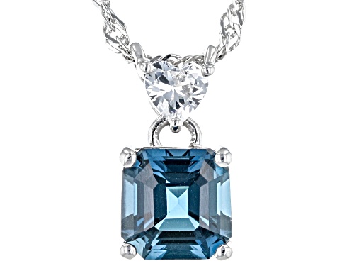 1.45ct Asscher Cut London Blue Topaz With 0.26ctw Lab Sapphire Rhodium Over Silver Pendant Chain