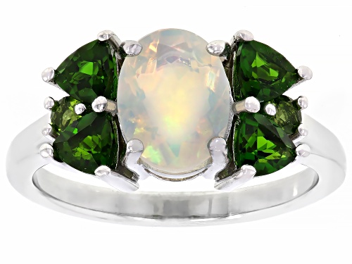 0.77ct Oval Ethiopian Opal With 0.99ctw Chrome Diopside Rhodium Over Silver Ring - Size 7