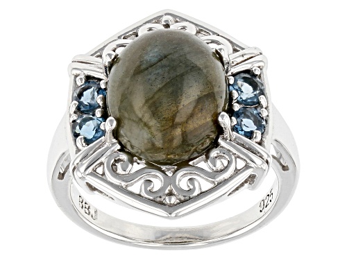 12x10mm Oval Labradorite With 0.51ctw London Blue Topaz Rhodium Over Sterling Silver Ring - Size 8