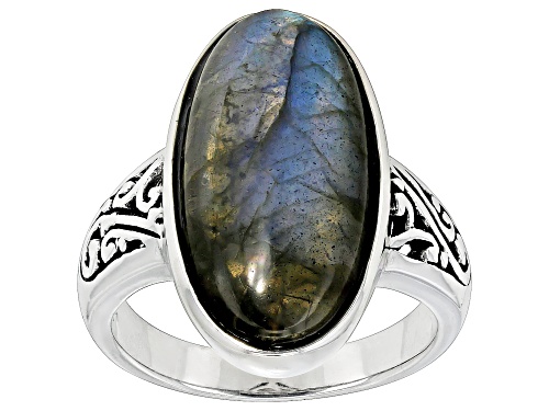 20X10mm Oval Cabochon Labradorite Sterling Silver Solitaire Ring - Size 7