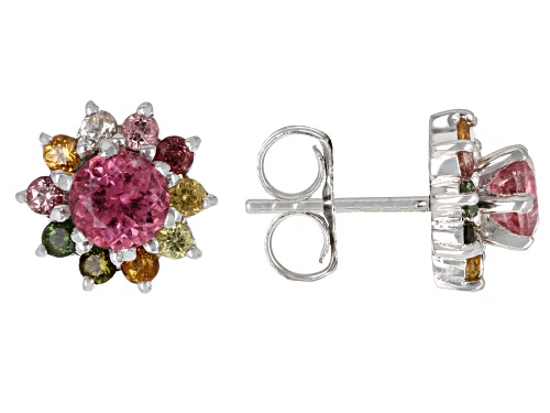 .90ctw Round Pink Tourmaline With .65ctw Multi-Tourmaline Jacket Rhodium Over Silver Earrings