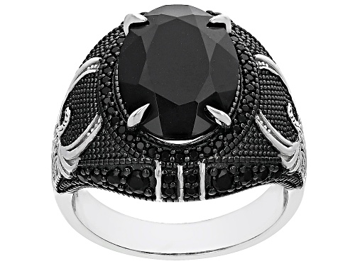 5.95ct Oval And 0.52ctw Round Black Spinel Rhodium Over Sterling Silver Men's Ring - Size 10